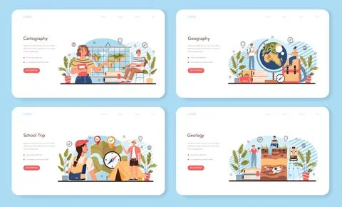 Geography class web banner or landing page set. Studying the lands, features Stock Illustration