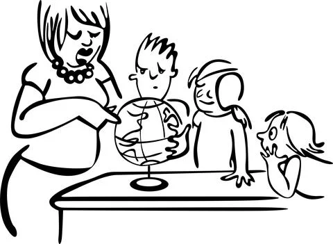 In a geography lesson, the teacher shows the students a globe 库存插图