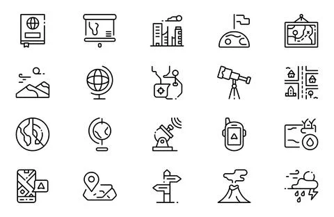 Geography line icon set. Includes thin line symbols earth, geological, mini.. Illustrazione stock