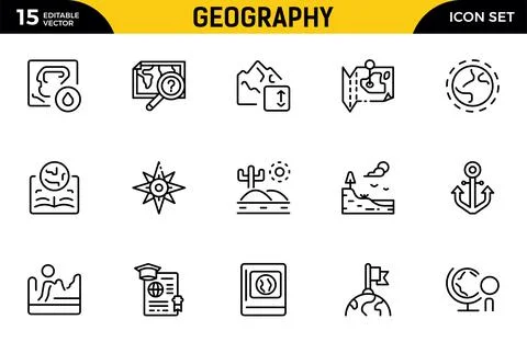 Geography line icon set. Includes thin line symbols earth, geological, mini.. Illustrazione stock