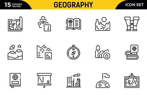 Geography line icon set. Includes thin line symbols earth, geological, mini.. Stock Illustration