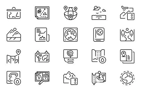 Geography line icon set. Includes thin line symbols earth, geological, mini.. Stock Illustration