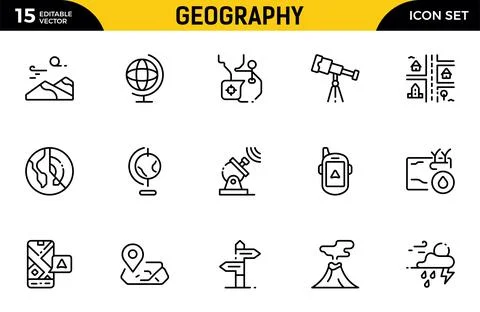 Geography line icon set. Includes thin line symbols earth, geological, mini.. Stock Illustration