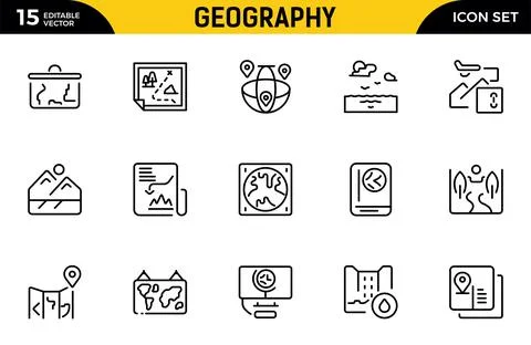 Geography line icon set. Includes thin line symbols earth, geological, mini.. Stock Illustration