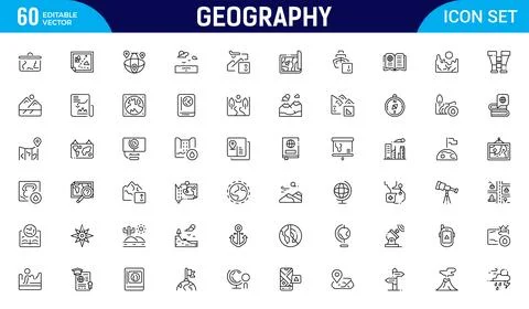 Geography line icon set. Includes thin line symbols earth, geological, mini.. Illustrazione stock