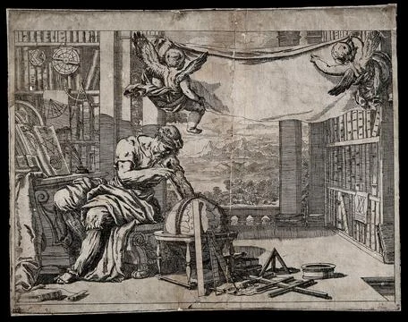 Geography: a man in his study using dividers to measure a globe, two putti .. Illustrazione stock