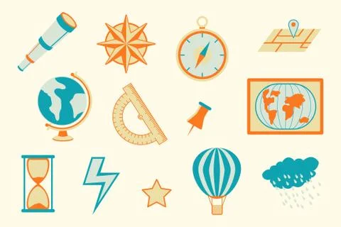 Geography navigation object education with various objects - vector illustrat Stock Illustration
