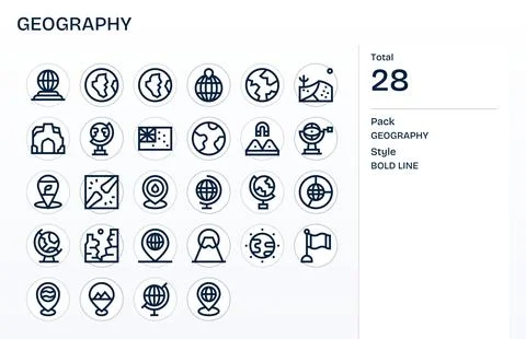 Geography Professional Vector Set with 28 Bold Line Editable 64x64 Icons Stock Illustration