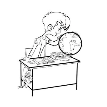 Geography, Student boy looking globe Stock Illustration