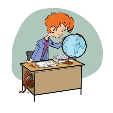 Geography, Student boy looking globe Stock Illustration