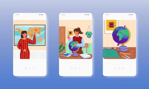 Geography teacher, map, globe. School education. Mobile app screens, vector Stock Illustration