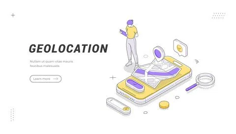 Geolocation And GPS Navigation App Isometric Vector Illustration Banner Tem.. Stock Illustration
