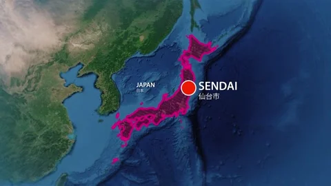Geolocation of the city of Sendai on the map Stock Footage 234609056