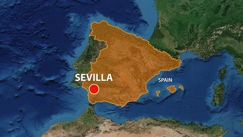 Geolocation of the city of Sevilla on the map Stock Footage 204060783