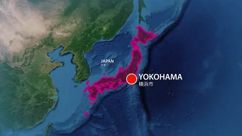 Geolocation of the city of Yokohama on the map Stock Footage 238036561