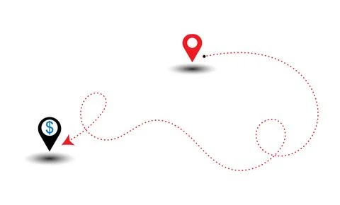 Geolocation with dollar currency symbols dashed line arrow route path locati Stock Illustration