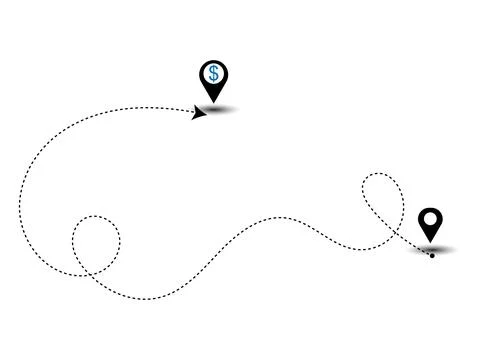 Geolocation with dollar currency symbols dashed line arrow route path locati Stock Illustration