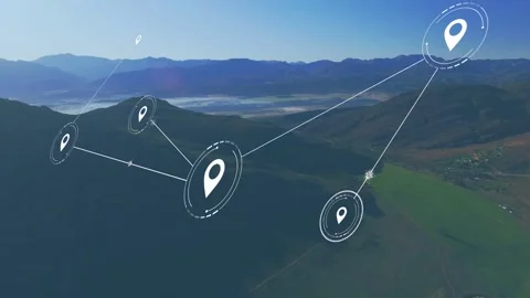 Geolocation HUD network appearing from single marker, expanding and connecting Stock Footage 334351781