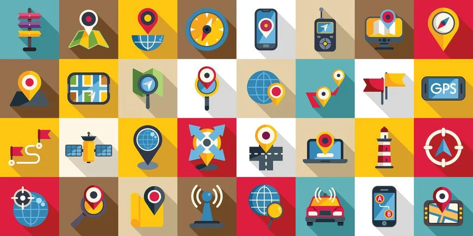 Geolocation icons set flat vector. Pin map location Stock Illustration