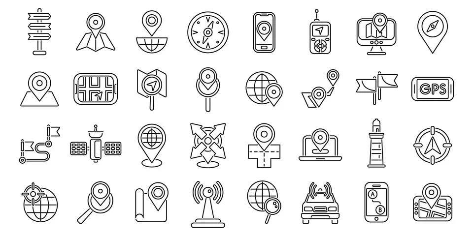 Geolocation icons set outline vector. Pin map location Ilustración de archivo