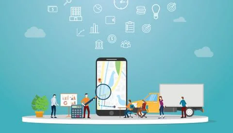 Geolocation optimization search for best routes in maps app for business deli Stock Illustration