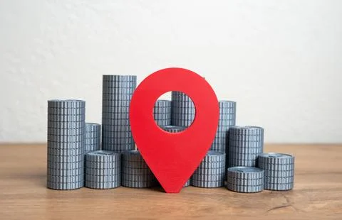 Geolocation symbol and stack of coins. Financial center. Financial hubs, regi Stock Photos