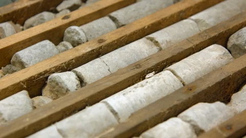 Geological drill core samples in wooden box Video stock 123899025