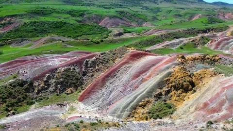 Geological pattern with maroon, yellow and white stripes among the mountains Stock Footage 278612361