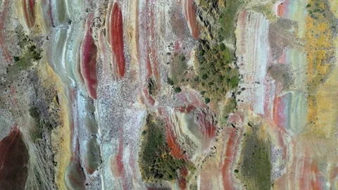 Geological pattern with maroon, yellow and white stripes among the mountains Stock Footage 278612420