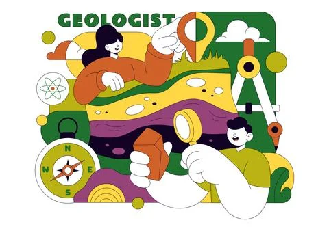 Geologist Illustration Featuring Soil Analysis and Earth Surface Features F.. Stock Illustration