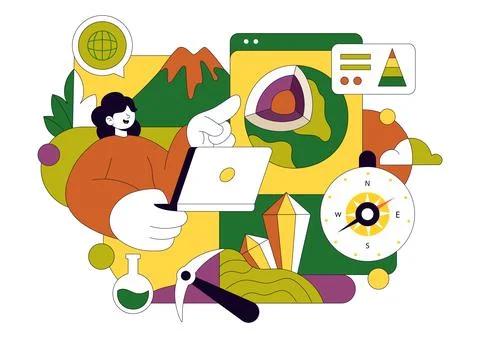 Geologist Illustration Featuring Soil Analysis and Earth Surface Features F.. 스톡 일러스트