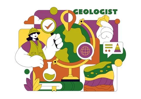 Geologist Illustration Featuring Soil Analysis and Earth Surface Features F.. 스톡 일러스트