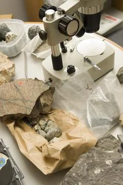 Geologist lab with microscope Stock Photos