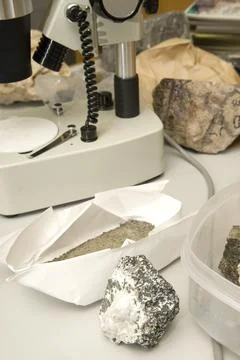 Geologist's table with samples Stock Photos