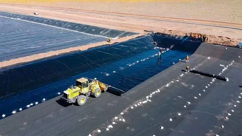 Geomembrane deployment and installation process with machinery in the const.. Stock Photos