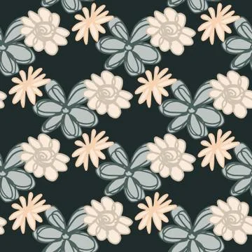 Geomerical seamless pattern with hand drawn flowers on black background. Flor Stock Illustration