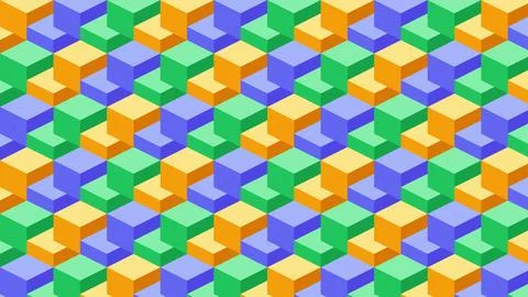 Geometric 3D blocks pattern with orange green blue purple abstract design Stock Illustration