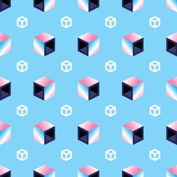 Geometric 3D cubes on blue pattern background. Seamless pattern multicolored 스톡 일러스트