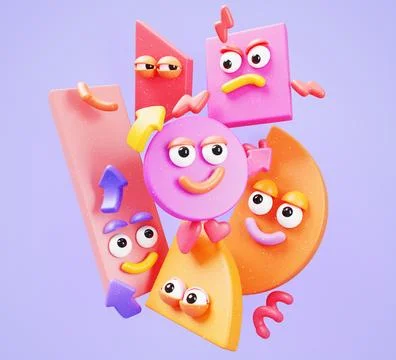 Geometric 3D figures poster - cute funny cartoon characters with angry and Illustrazione stock