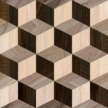 Geometric 3d render cube pattern mosaic floor and wall wooden background. Stock Photos