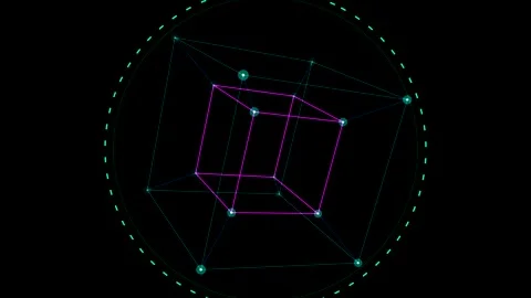 Geometric 3D wireframe cube rotating on black background Stock Footage 346470453