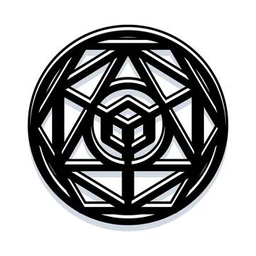 Geometric abstract circular symbol with central cube Stock Illustration