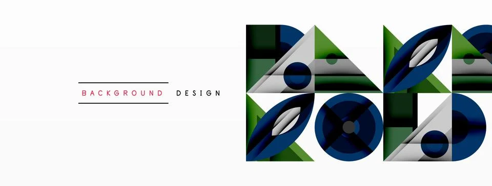 Geometric abstract composition with intersecting shapes, circles, triangles, and Stock Illustration