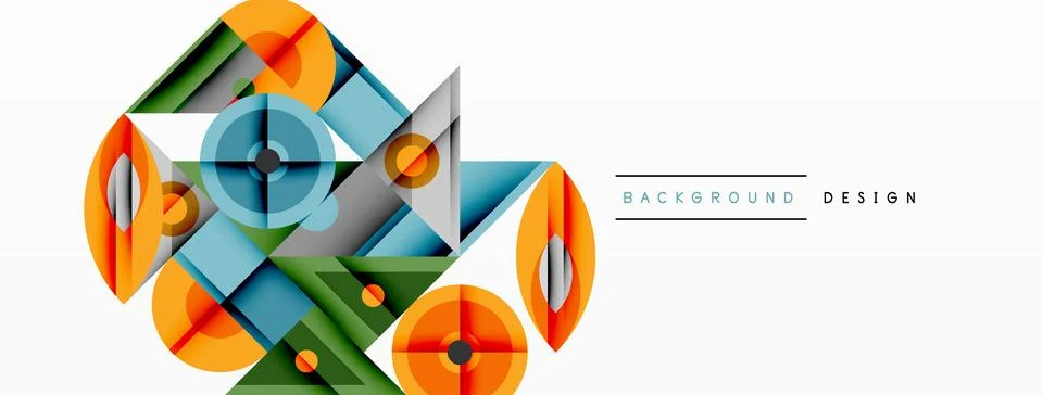 Geometric abstract composition with intersecting shapes, circles, triangles, and Stock Illustration