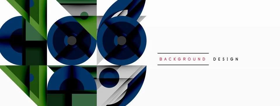 Geometric abstract composition with intersecting shapes, circles, triangles, and Stock Illustration