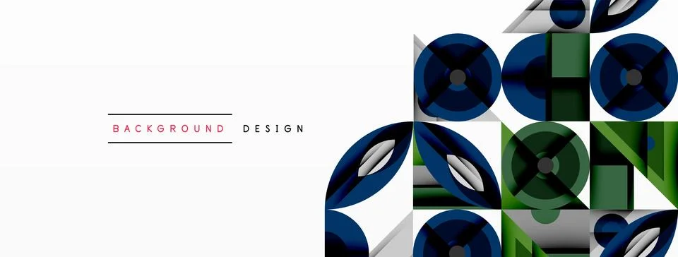 Geometric abstract composition with intersecting shapes, circles, triangles, and Stock Illustration