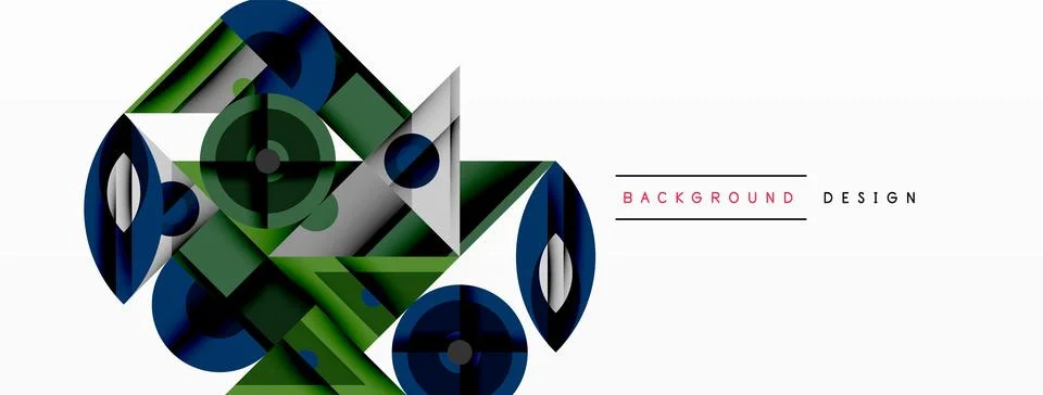 Geometric abstract composition with intersecting shapes, circles, triangles, and Stock Illustration