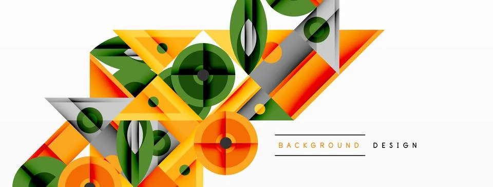 Geometric abstract composition with intersecting shapes, circles, triangles, and Stock Illustration