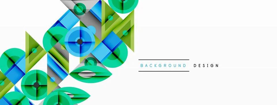 Geometric abstract composition with intersecting shapes, circles, triangles, and Stock Illustration