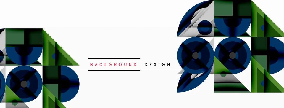 Geometric abstract composition with intersecting shapes, circles, triangles, and Stock Illustration